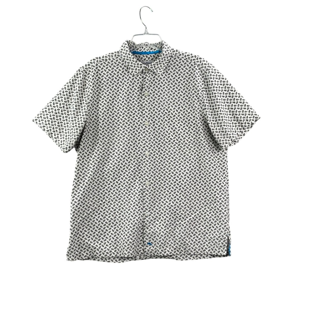 Tommy Bahama Button Down Shirt Men's L White Fish Print Cotton Silk Short Sleeve